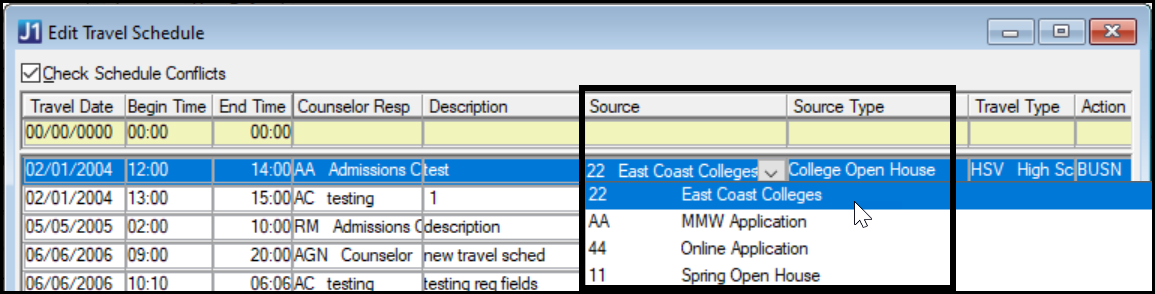 Edit Travel Schedule window in Desktop showing the Source and Source Type columns