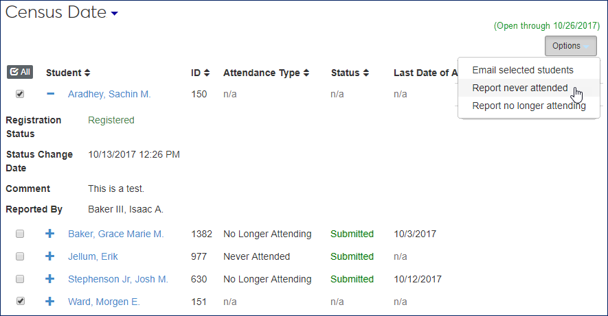 Census Date attendance report showing the "Report never attended" option selected