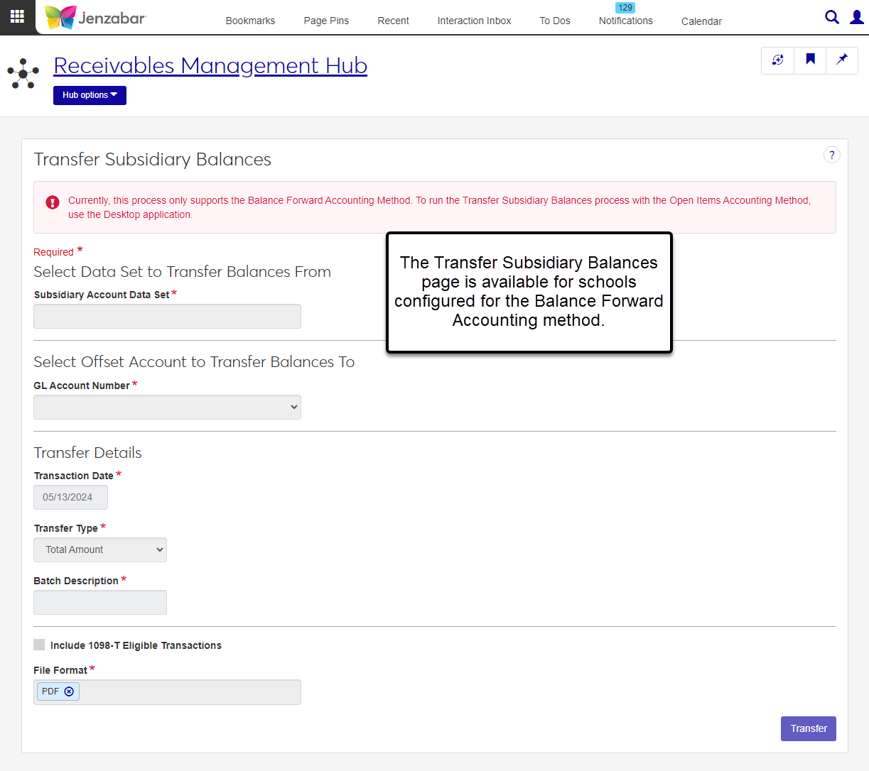 Transfer Subsidiary Balance page.