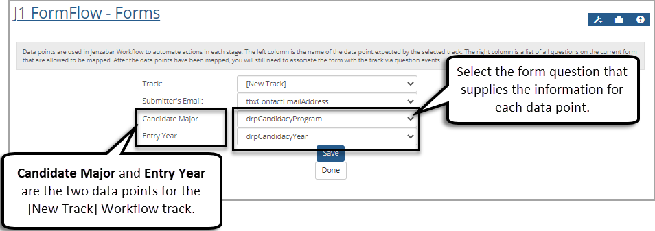 Workflow configuration page with the workflow data points and associated question Unique IDs highlighted.