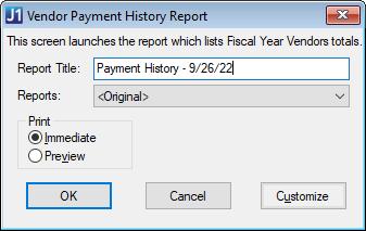 Desktop Vendor History Payment Report window.