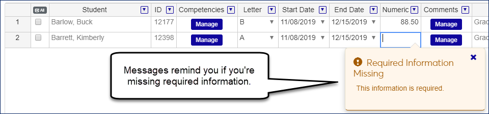 Grade Entry page showing a "Required Information Missing" message