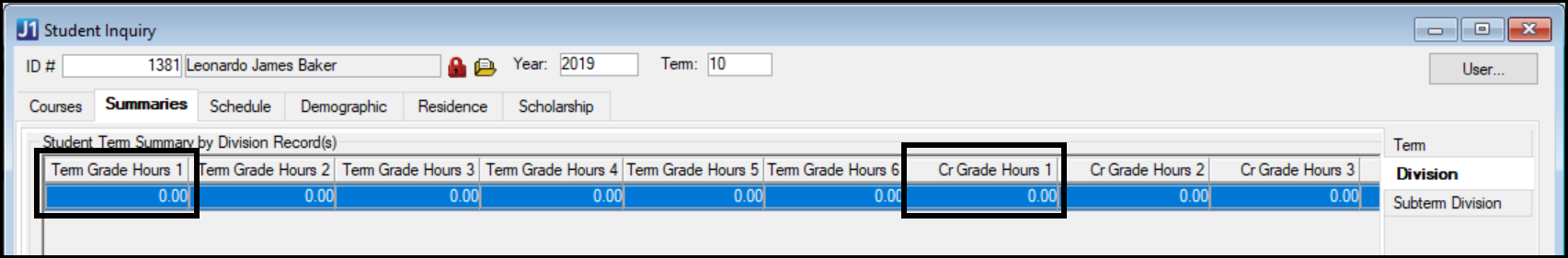 Student Inquiry window in J1 Desktop, Summaries tab, Division subtab showing Term Grade Hours 1 and Career Grade Hours 1. In our example, these are the columns showing a student's hours earned with an A grade (A, A+, or A-).