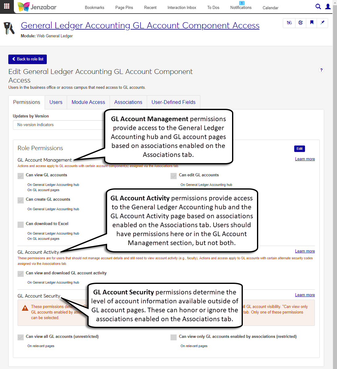 Jenzabar One Web General Ledger Accounting CL Account Component Access role permissions page.