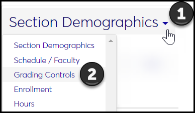The view drop-down on the Manage Sections page. Callouts show first clicking the view drop-down, and then selecting "Grading Controls".