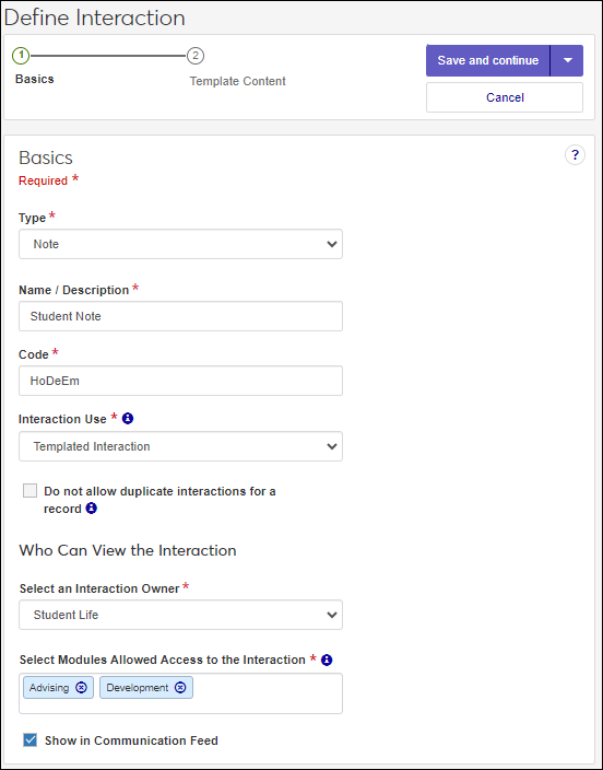 Define Interaction wizard, defining a note interaction.