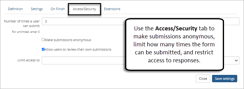 Access/Security tab for form settings.