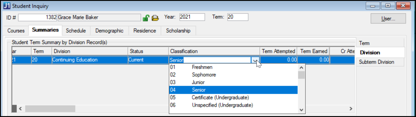 Classification in J1 Desktop on the Student Inquiry window