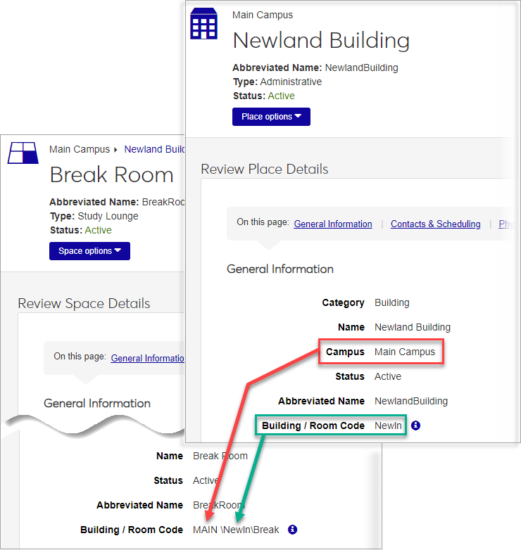 Review Space Details page with the mapping between the parent place's Campus and Building / Room Code to the space's Building/Room Code.