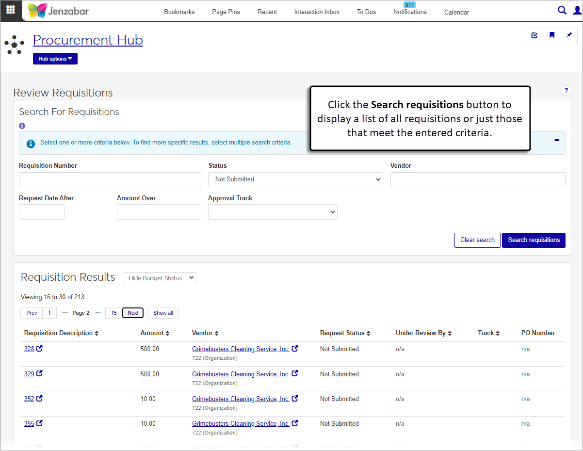 Review Requisitions page with options to filter and view a list of requisitions.