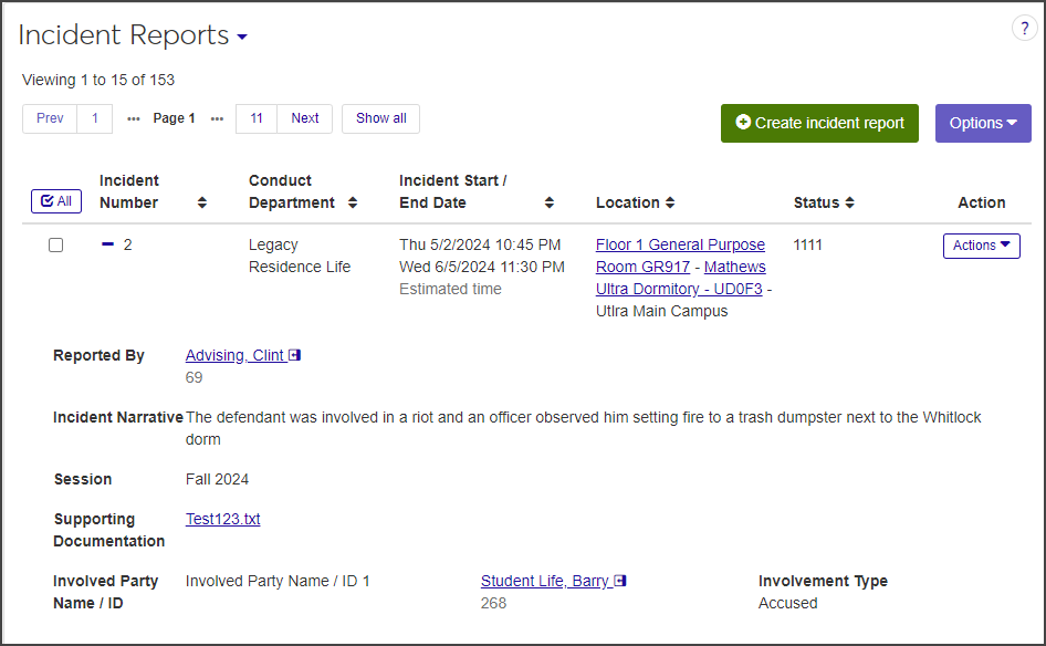 Incident Reports page - expanded list