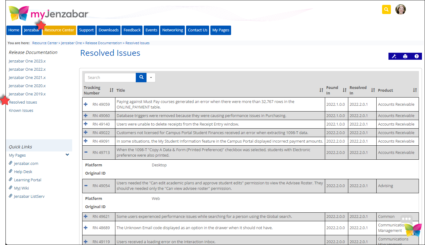 Resolved Issues query on MyJenzabar.net.
