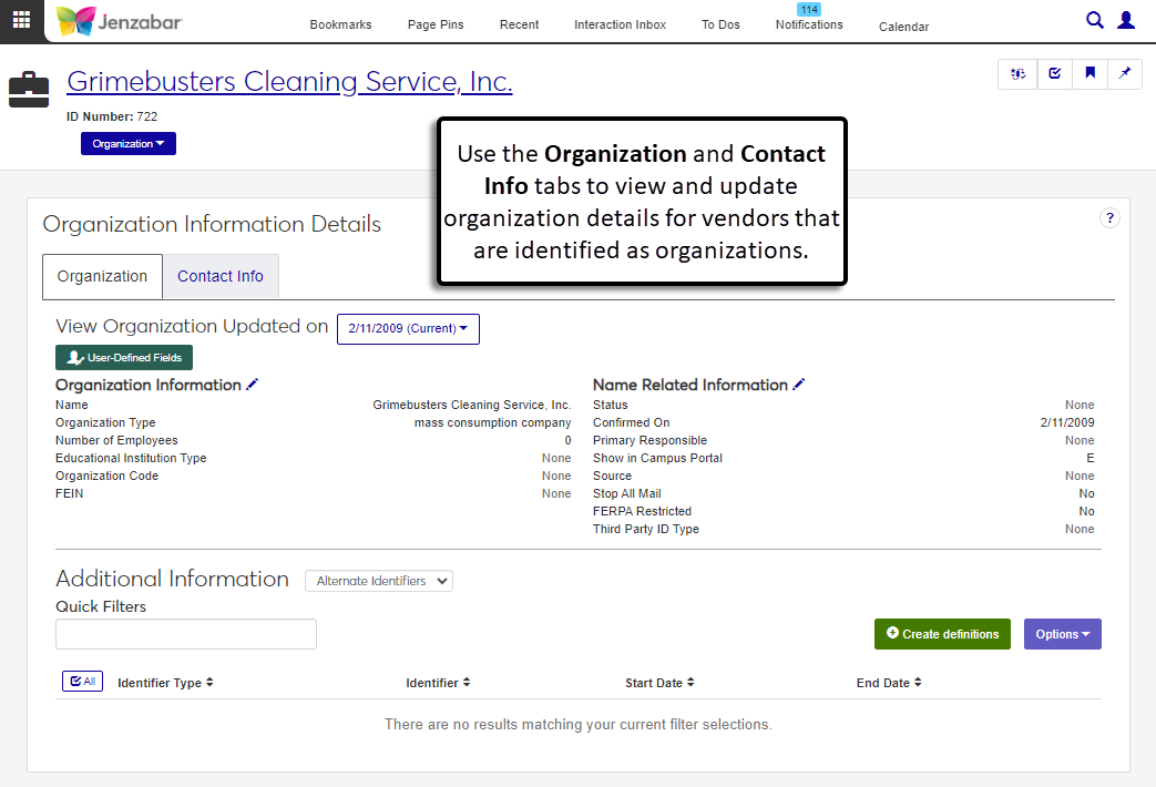 Vendor Organization Information Details page.