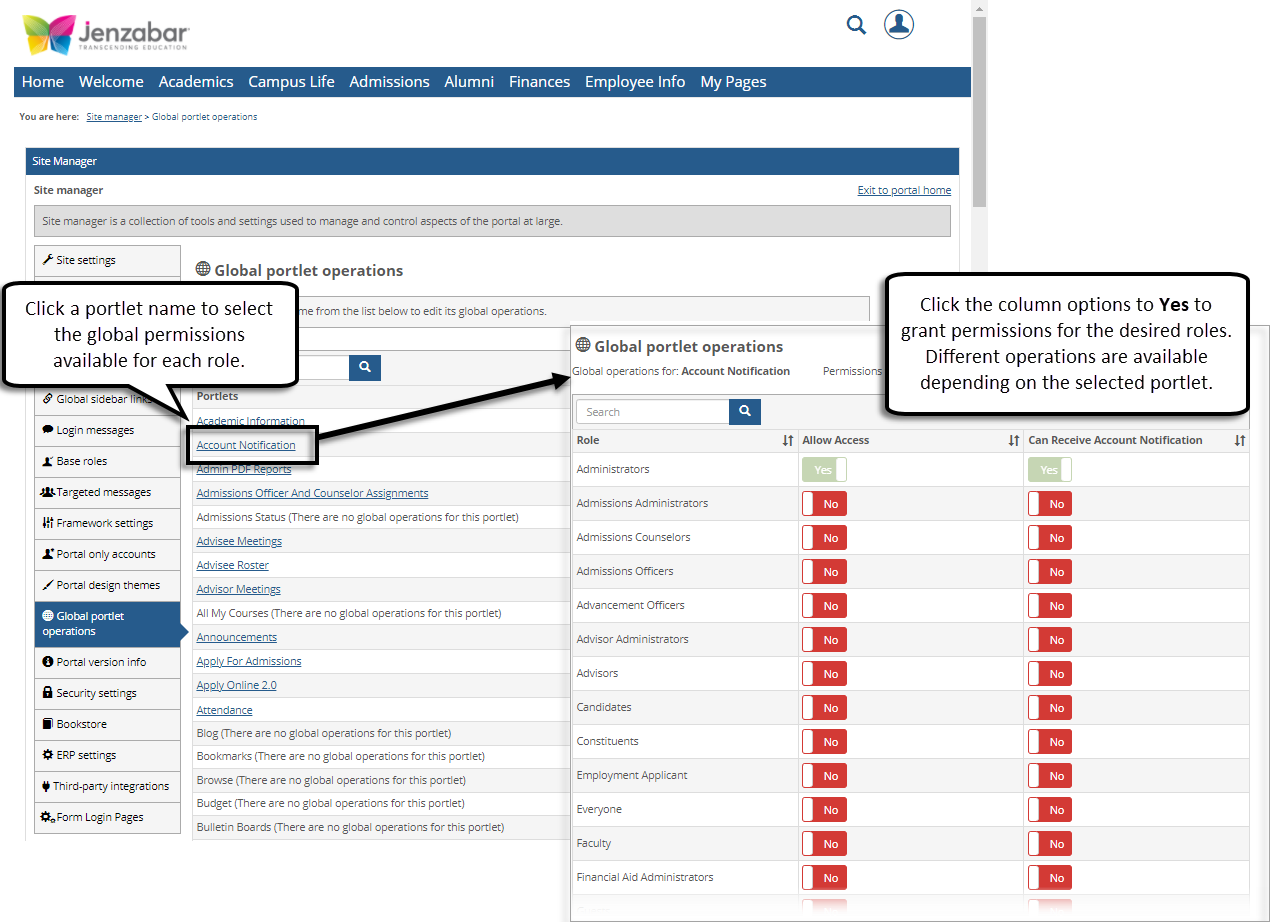 Global operations page with options to grant access to portlet features.