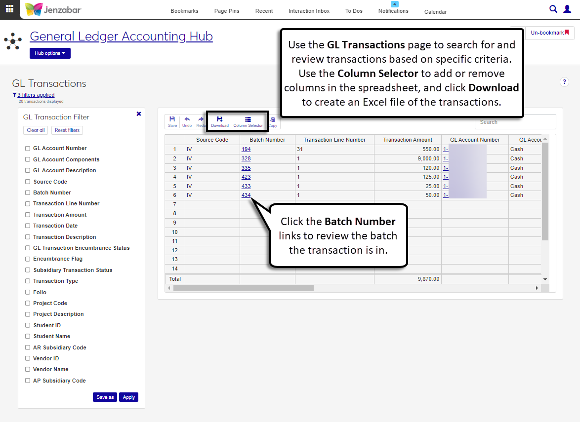 GL Transactions page with the filter and transaction details spreadsheet.