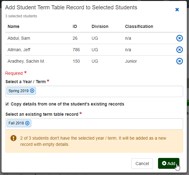 Add Student Term Table Record to Selected Students pop-up
