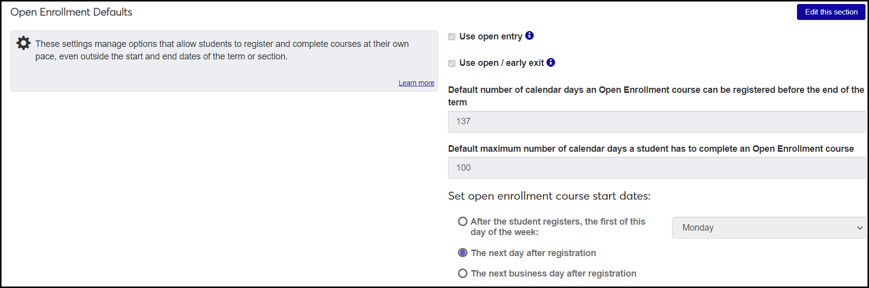 The Enrollment Settings page, Open Enrollment Defaults section showing the "Use open entry" checkbox selected