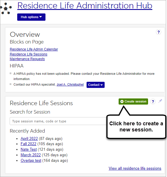 Residence Life Administration Hub - Create new session button highlighted