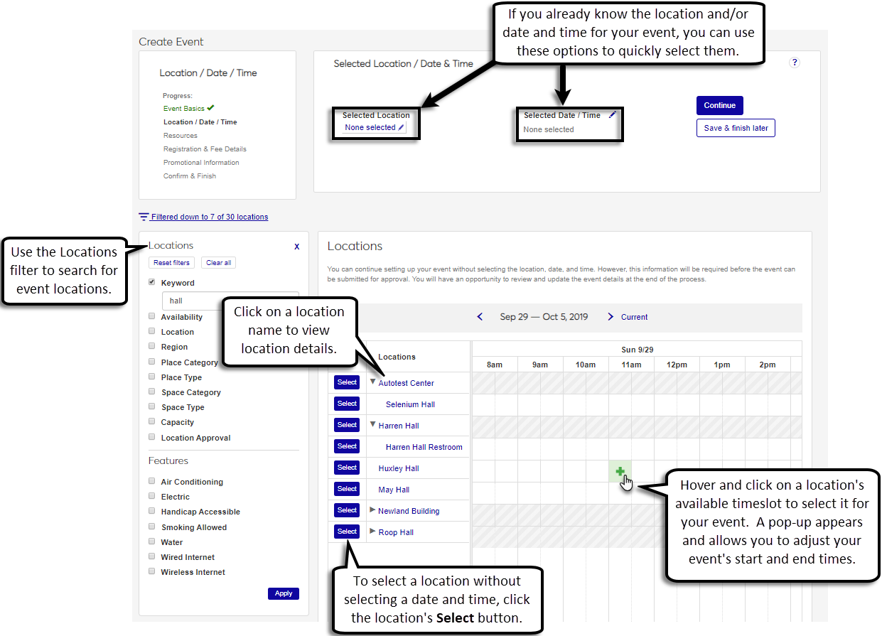 Location, date, and time selection page in the Create Event wizard.