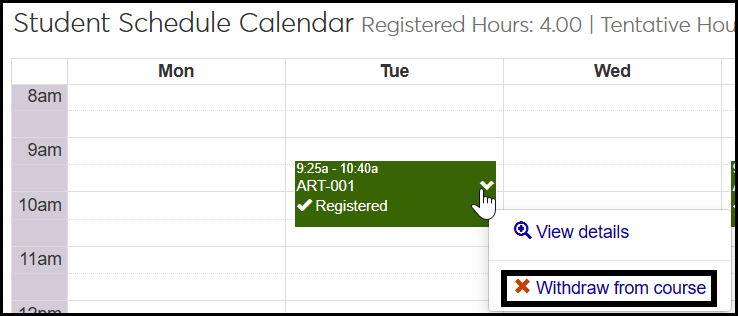 A student's planning calendar showing a course clicked and the "Withdraw from course" option in the drop-down
