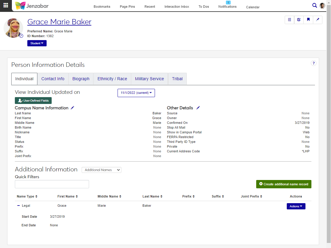 Person Information Detail page, Individual tab.