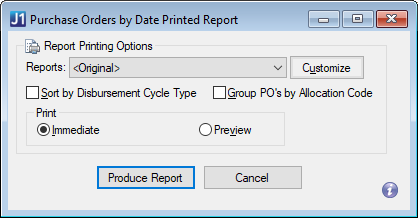 Desktop Purchase Orders by Date Printed Report window.