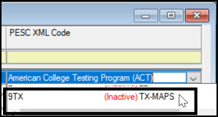 A drop-down in J1 Desktop showing an inactive PESC Test XML definition being selected
