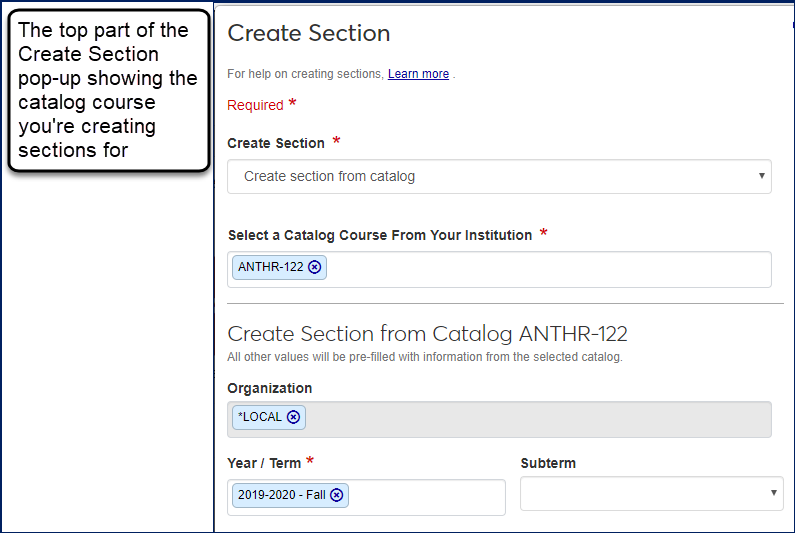 Top part of the Create Section pop-up showing the catalog course you're creating sections for