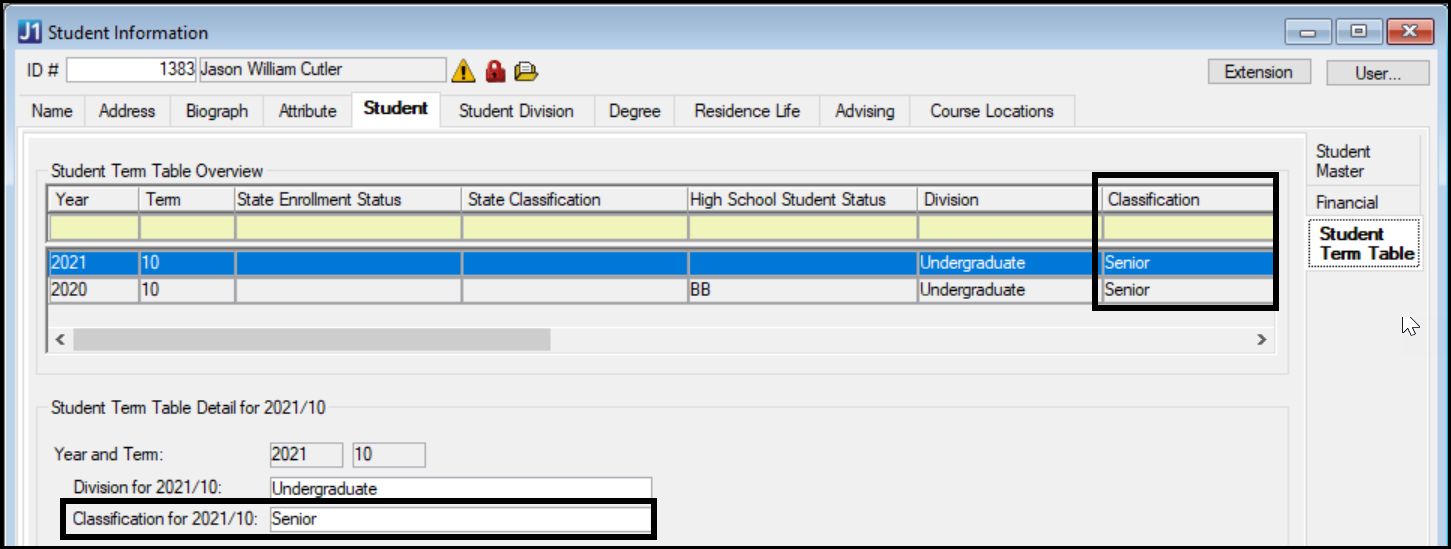 Classification in Desktop on the Student Information window, Student tab, Student Term Table subtab