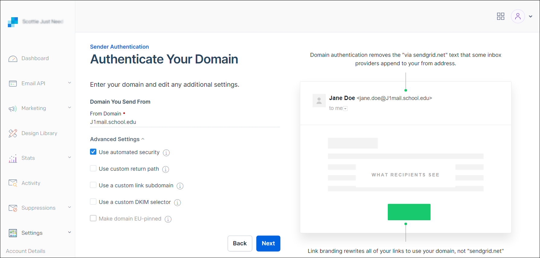 SendGrid setup, advanced settings for domain authentication.