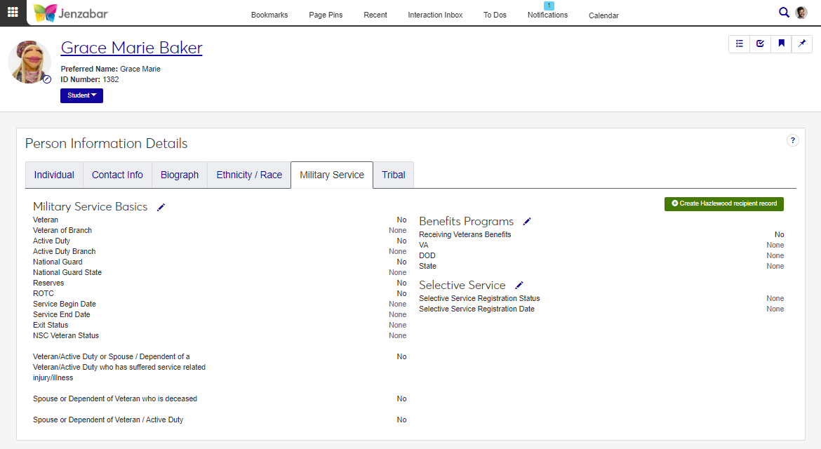 Person Information Details page, Military Service tab.