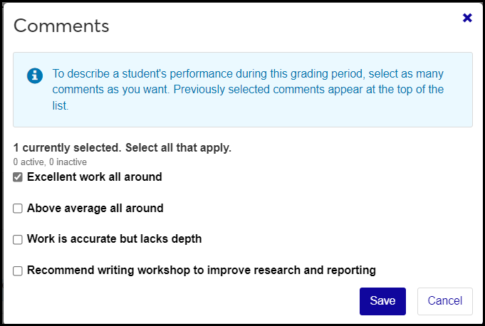The Comments pop-up on the Grade Entry page showing one comment selected