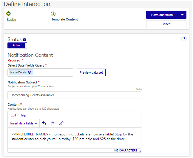 Define Interaction wizard, data merge options for notifications.