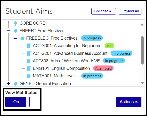 The Student Aims page with the View Met Status button on and aims showing badges saying In progress, Met, and Attempted