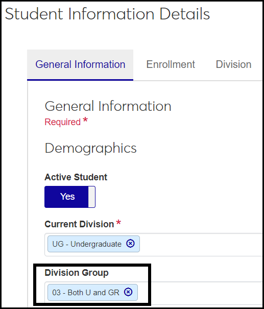 Student Information Details page, General Information tab, Edit mode showing a student with a Graduate and Undergraduate division group