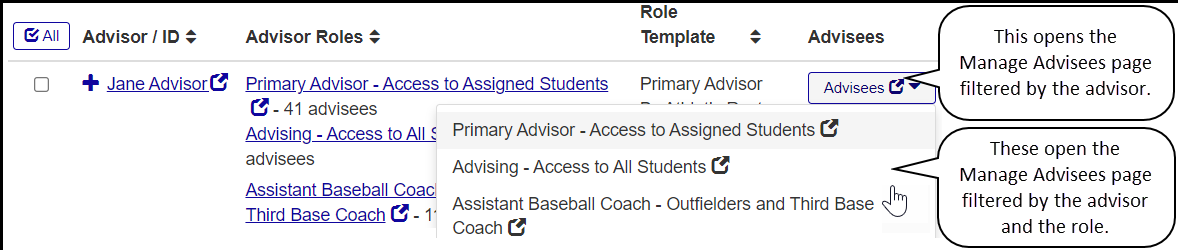 The Manage Advisors page with callouts on the Advisees links. Click "Advisees" to open the Manage Advisees page filtered to that advisor. Click one of the advisors roles to open that page filtered to that advisor and that role.