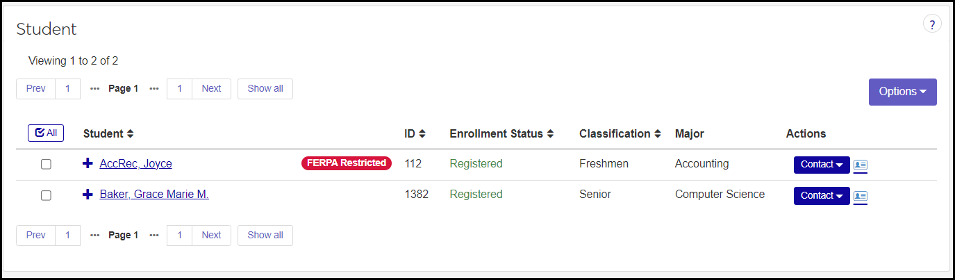 A Course Roster page showing several students. One student has a badge labeled "FERPA Restricted".