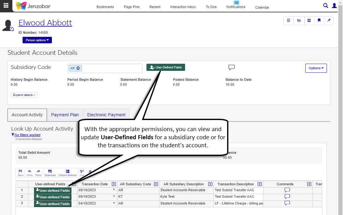 Student Account Details page with the User-Defined fields buttons highlighted for the subsidiary code in the header and transaction details in the spreadsheet.