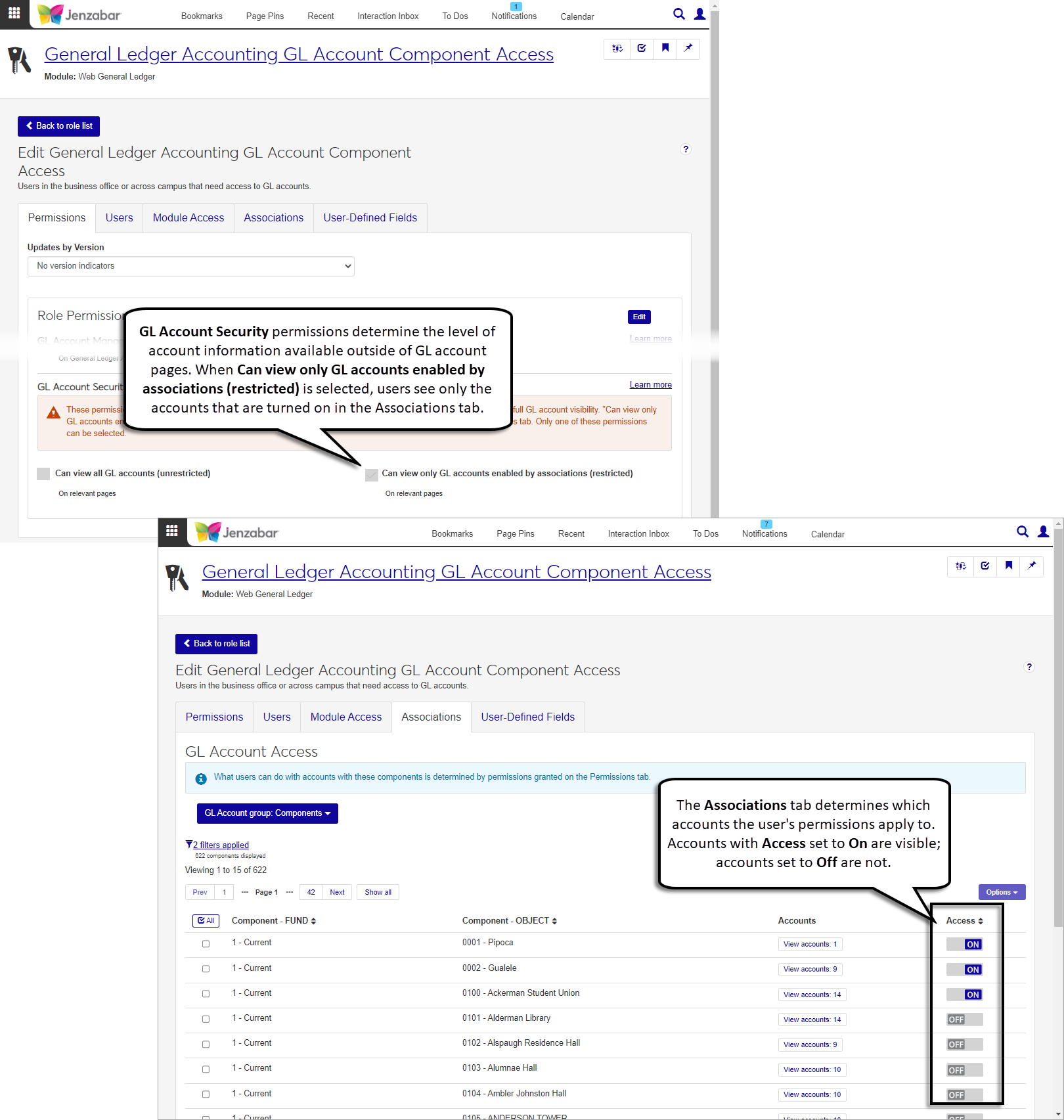 General Ledger Accounting GL Account Component Access role, Permissions tab with the "Can view only GL accounts enabled by associations (restricted)" checkbox selected. On the Associations tab, only 3 of the 8 accounts listed have Access turned On.