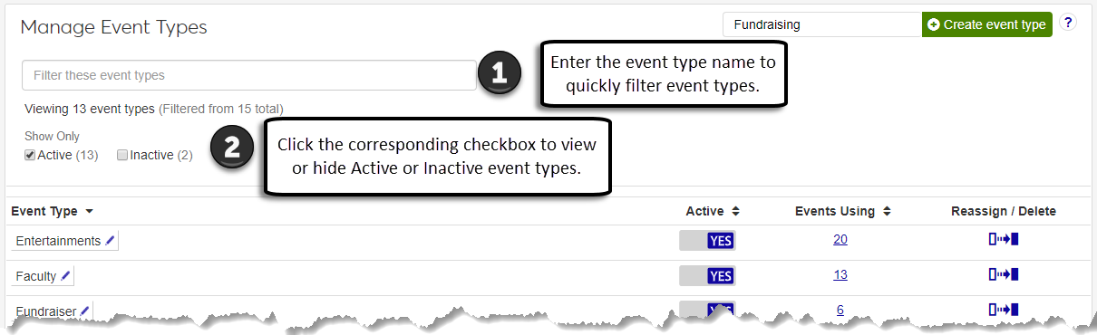 The Manage Event Types block with explanations for the different filtering options.