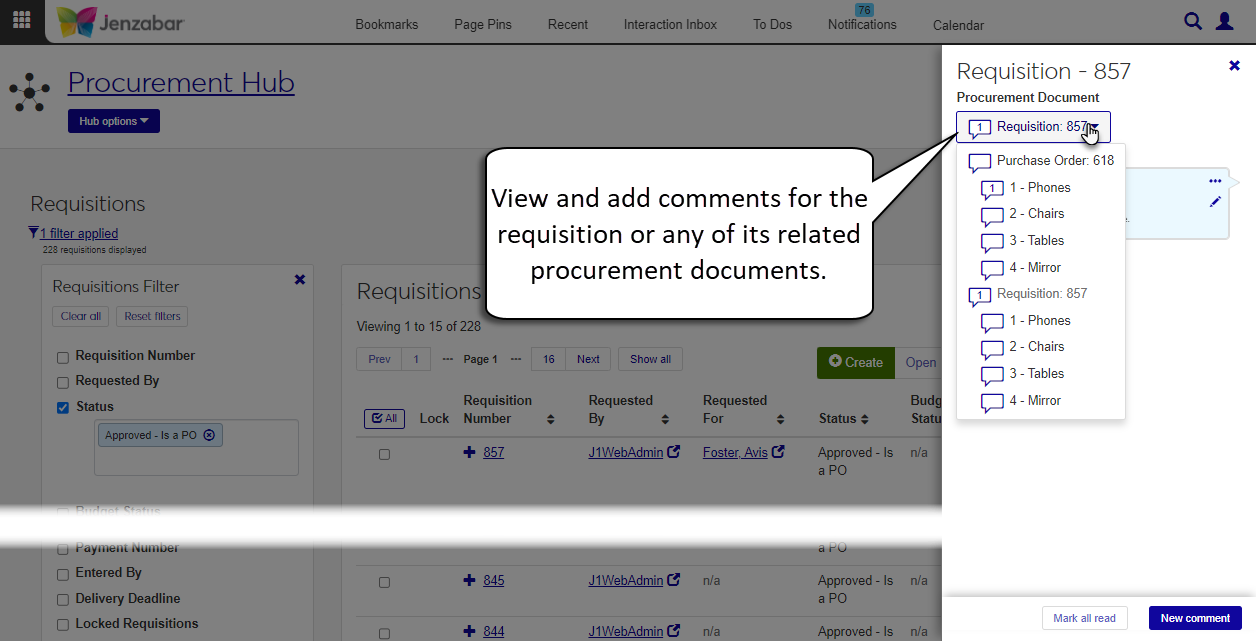 Manage Requisitions page with comments pop-up.