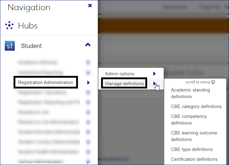 Navigation panel showing the Registration Administration hub with the Manage Definitions menu