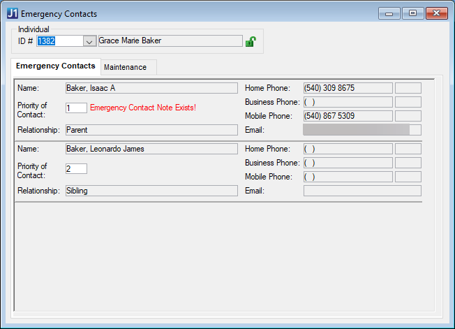 Desktop Emergency Contacts window.