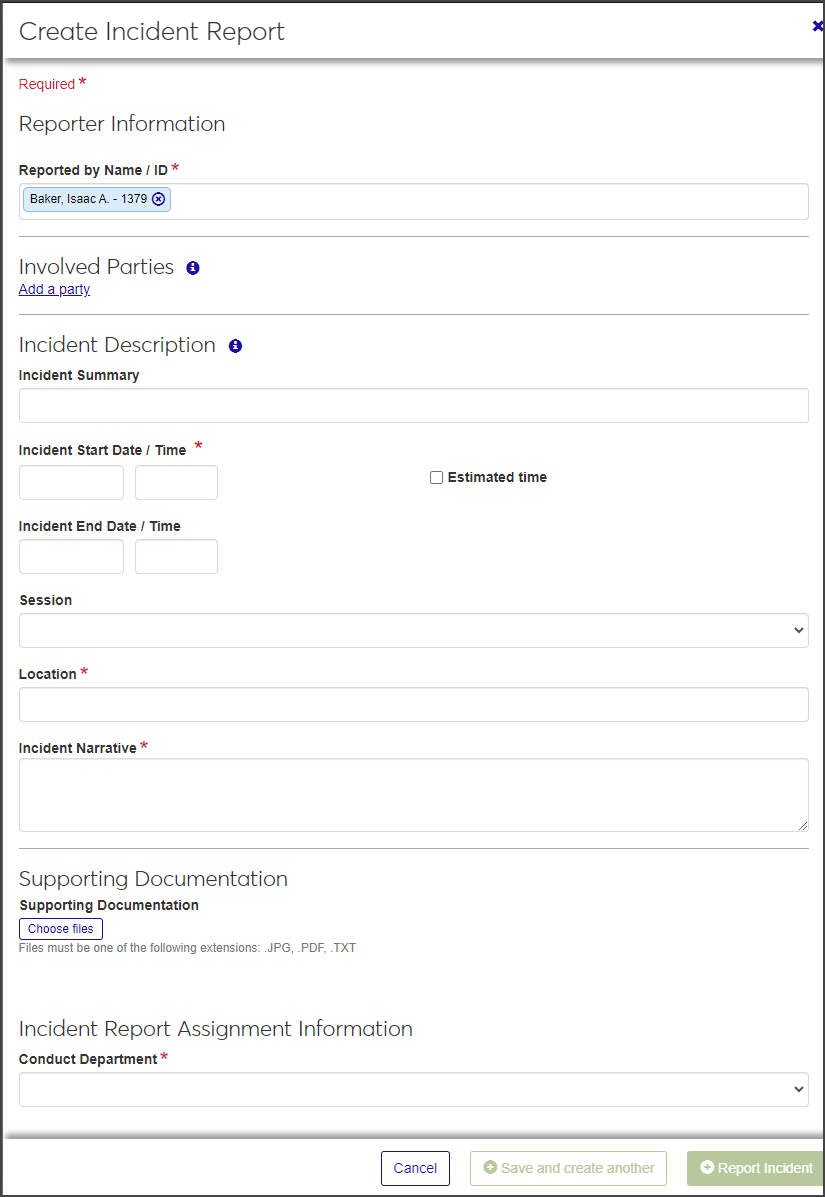Create Incident Report window