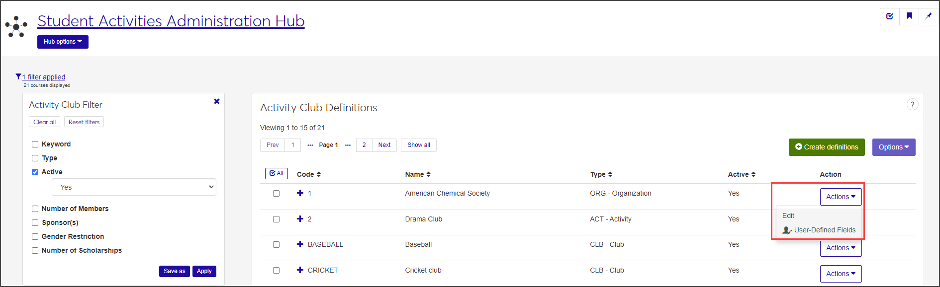 Activity Club Definitions page - Actions drop-down