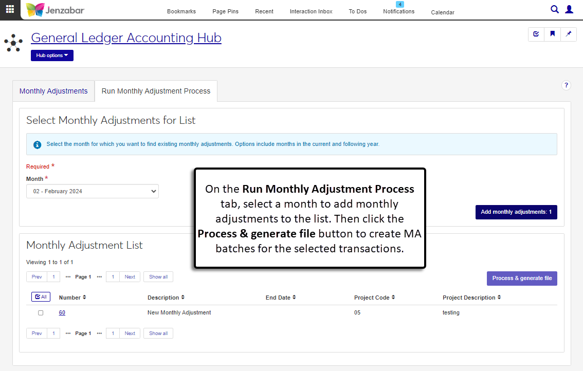 Run Monthly Adjustment Process tab with adjustments selected for processing.