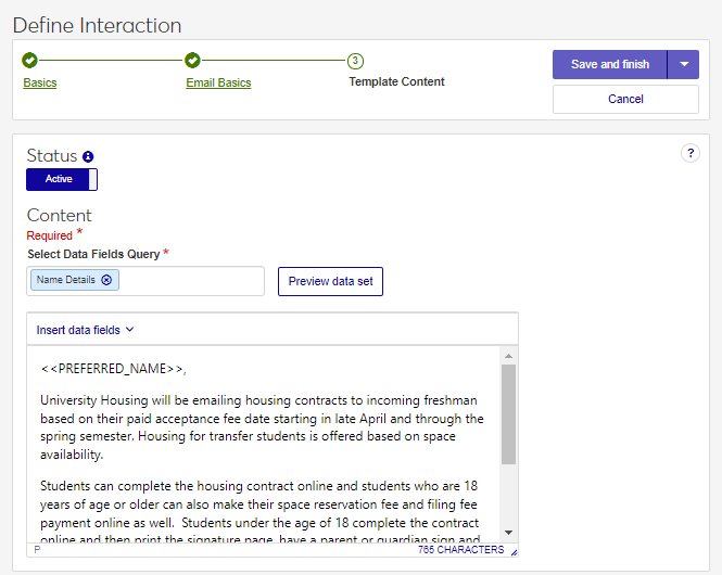 Edit Interaction Template for a Plain text email. Insert data fields drop-down is selected with various options.
