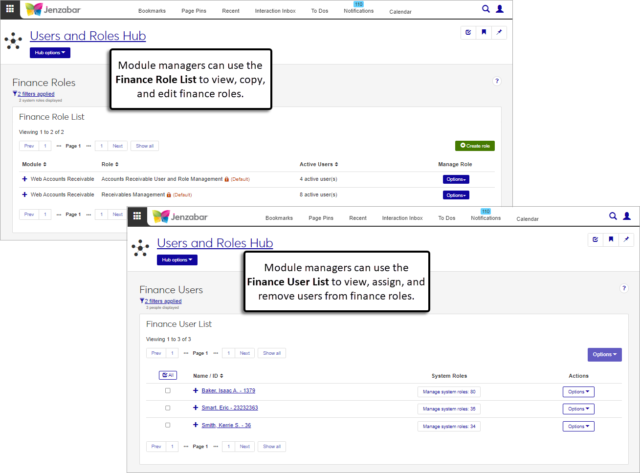 Finance User and Role List pages.