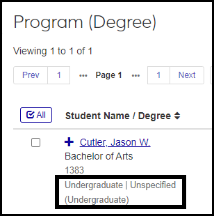 Classification in J1 Web in the Registration Operations hub, Student Program (Degree) Information page