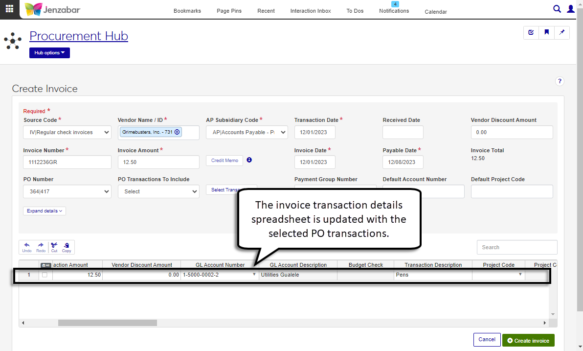 Create Invoice page, invoice transaction details spreadsheet with the PO transaction information entered.